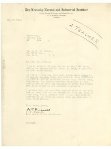Letter from Kentucky Normal and Industrial Institute to W. E. B. Du Bois
