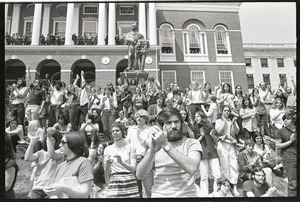 Demonstration at State House against the killings at Kent State: protesters on State House steps applauding