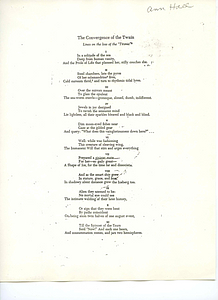 Correspondence: Poem written by Thomas Hardy called "The Convergence of the Twain", lines on the loss of the Titanic.