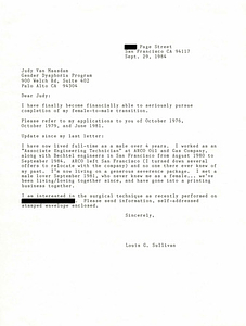 Correspondence from Lou Sullivan to Judy Van Maasdam (September 29, 1984)