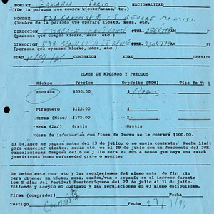 Form to reserve kiosks and tables for the Festival Puertorriqueño de Massachusetts, filled out by Zakaria Fario