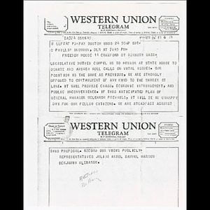 Telegram from Representatives Julius Ansel, Samuel Harmon, and Benjamin Klebanow to O. Phillip Snowden about their opposition to curtailment of Warren St. line