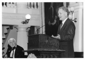Economist Lester C. Thurow speaks at a Suffolk University event held at the Old State House