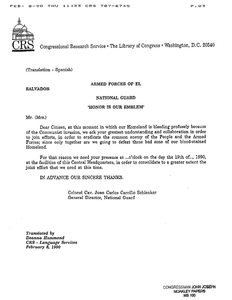 Letter to Salvadoran citizens from Colonel Cav. Juan Carlos Carrillo Schlenker, General Director, National Guard, requesting their presence at the Central Square to consolidate efforts against the People of the Armed Forces, 8 February 1990