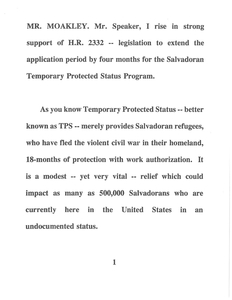 A script for a Congressional appeal by John Joseph Moakley regarding temporary protection status for Salvadoran refugees or H.R. 2332, 1991