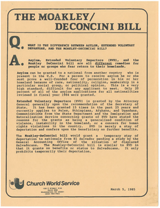 Question and Answer sheet about the Moakley-DeConcini Bill, published by the Church World Service, 5 March 1985