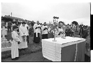 Canon Joseph Maguire, parish priest Downpatrick, celebrates Mass at St. Patrick's Graveyard on Cemetery Sunday