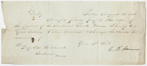 Charles Baker Adams notice of payment to Edward Hitchcock, 1838 August 15