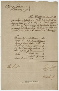 Supply order from the Office of Ordnance, countersigned by Jeffery Amherst, 1778 January 20