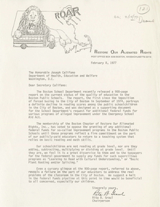 Letter from Rita B. Graul, R.O.A.R. Chairperson, to Joseph Califino, U.S. Secretary of Health, Education, and Welfare, 1977 February 8