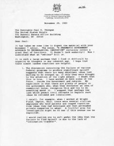 Letter to Paul E. Tsongas with thoughts on the essay "A Pragmatic Government Approach to Technological Innovation"