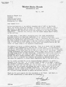 Letter to Robert Dole from Paul Tsongas regarding the Deficit Reduction Act of 1984