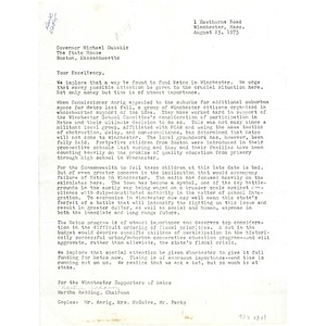 Letter, Gov. Michael Dukakis, August 25, 1975.