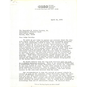 Letter from Mary Ellen Smith to Judge W. Arthur Garrity, April 22, 1975.