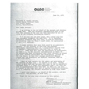 Letter, Judge Garrity, June 16, 1975.