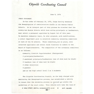 Citywide Coordinating Council press statement, June 8, 1976.