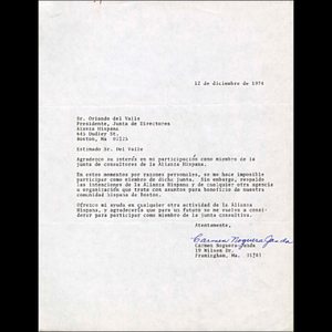 Letter from Carmen Noguera-Janda to Orlando del Valle.