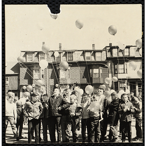 Boys' Club members stand ready to release balloons with messages attached. A caption on the back of the photograph states "To get set"