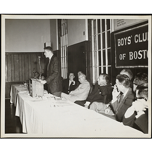 Former Boston Celtic Tommy Heinsohn speaks at the podium during a Boys' Clubs of Boston Awards Night
