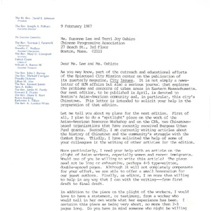 Correspondence from the Episcopal City Mission of the Diocese of Massachusetts requesting assistance with an article concerning Asian workers in Boston for the Mission's magazine, "City Issues"