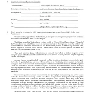 Grant application to the Lenny Fund, requesting funding for the Chinese Progressive Association Workers' Center