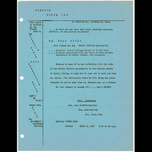 Flier advertising Freedom House Coffee Hour featuring Eryle Myers, case worker for the Family Service Association