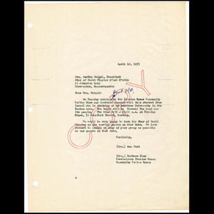 Letter from Ann Ward and Barbara Elam to Martha Seigal, President of Star of David Chapter B'nai B'rith about Freedom House Coffee Hour