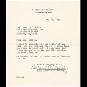 Letter from the Reverend Kenneth B. Murphy to Hazel E. McCree about the Freedom House Coffee Hour