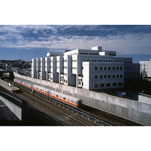 Aerial view of Snell Library and the Orange Line