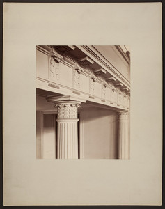 Interior architectural detail of column, capital, and entablature in West Church, 131 Cambridge Street