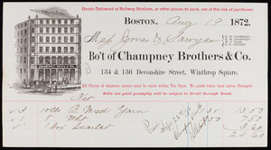 Billhead for Champney Brothers & Co., textiles, 134 & 136 Devonshire Street, Winthrop Square, Boston, Mass., dated August 19, 1872