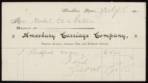 Billhead for the Amesbury Carriage Company, Warren Avenue, between Elm and Belmont Streets, Brockton, Mass., dated July 8, 1895