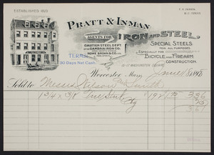 Billhead for Pratt & Inman, iron and steel, 15-17 Washington Square, Worcester, Mass., dated June 18, 1898