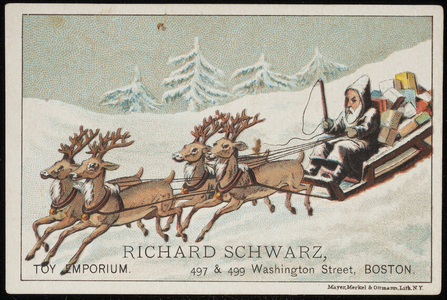 Trade card for Richard Schwarz, toy emporium, 497 & 499 Washington Street, Boston, Mass., undated