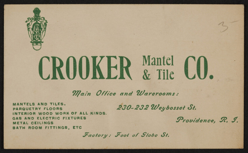 Trade card for Crooker Mantel & Tile Co. 230-232 Weybosset Street, Providence, Rhode Island, undated