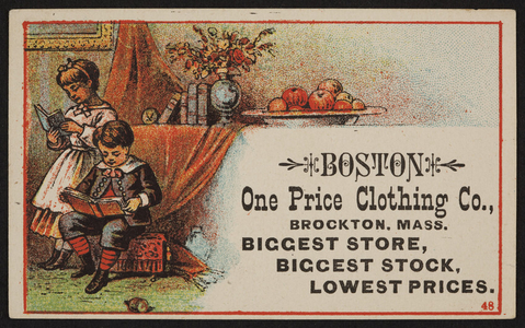 Trade card for the One Price Clothing Co., Brockton, Mass., undated