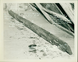 Interior view of the attic with overhang girt on the floor, Boardman House, Saugus, Mass., undated