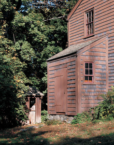 Exterior view showing the privy, Coffin House, Newbury, Mass.