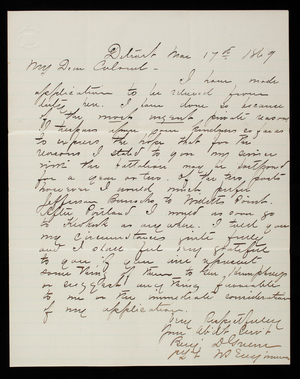 [Benjamin] D. Greene to Thomas Lincoln Casey, March 17, 1869