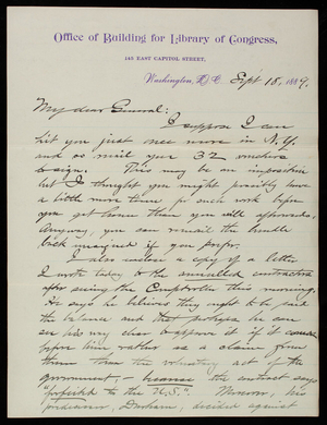 [Bernard] R. Green to Thomas Lincoln Casey, September 18, 1889