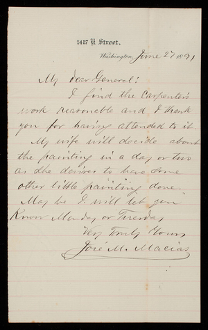 Jose M. Macias to Thomas Lincoln Casey, June 27, 1891