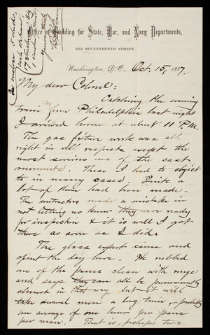 Bernard R. Green to Thomas Lincoln Casey, October 15, 1887