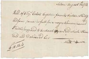 Receipt from Nathan Brown to Elizabeth Cabot for the sale of Phillis (a slave), 26 August 1768