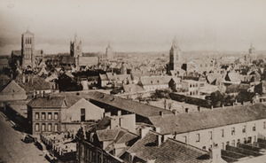 View from above of intact buildings and towers, Ypres, 1914