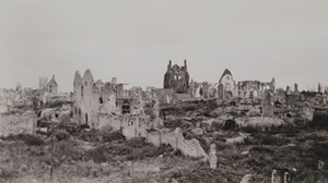 Ground-level view of destroyed buildings and towers, Ypres, 1919