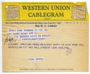 Cablegram from Carl Henry to Edith Henry