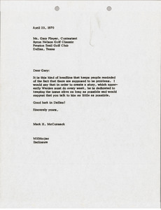 Letter from Mark H. McCormack to Gary Player