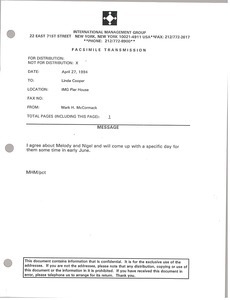 Fax from Mark H. McCormack to Linda Cooper
