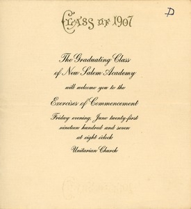 Invitation for the 1907 graduation exercises for New Salem Academy