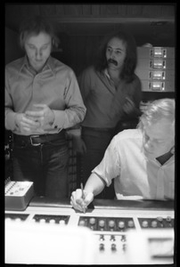 Stephen Stills (left) and David Crosby with sound engineer Bill Halverson in Wally Heider Studio 3 during production of the first Crosby, Stills, and Nash album
